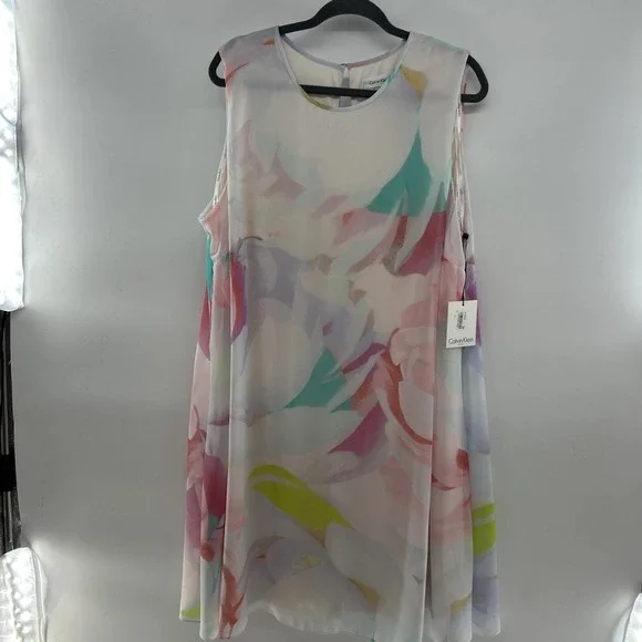 Calvin Klein Women's NWT Printed Trapeze Watercolor Flowy Dress Lined Size 18W - Picture 1 of 8